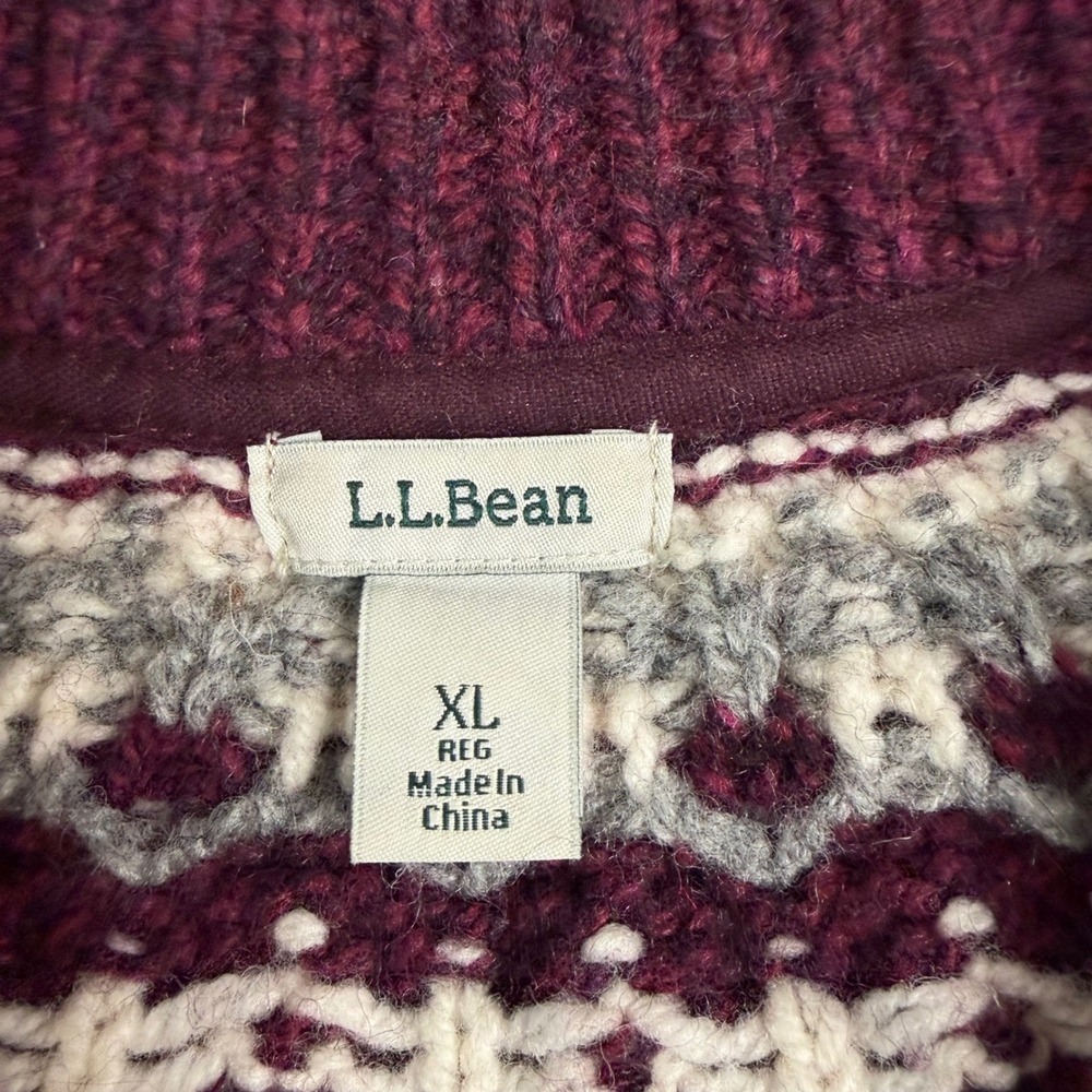 LL Bean Lambs Wool Knit Cardigan Sweater Zip Fair Isle Burgundy Size XL - Picture 3 of 9